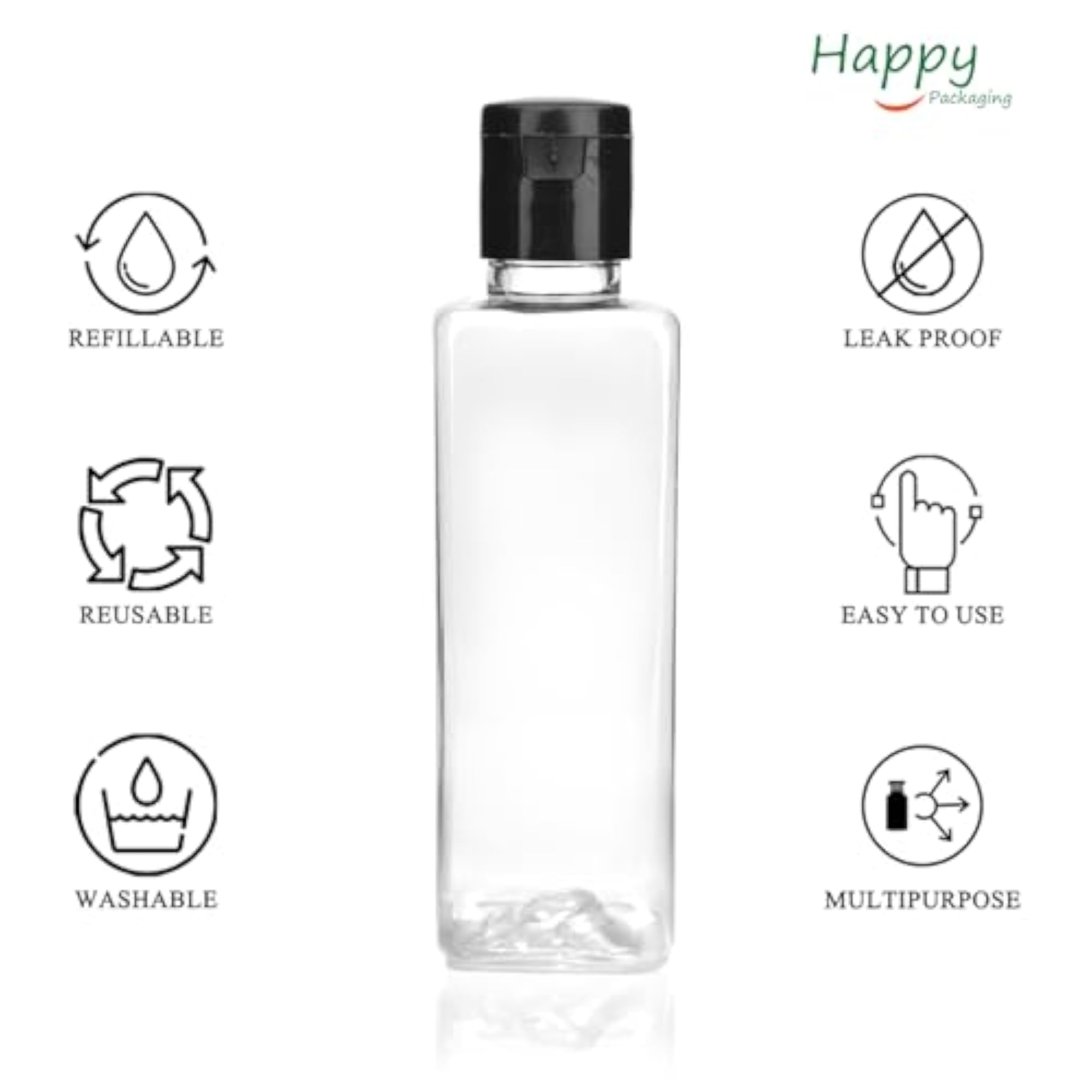 100ml Clear Empty Square PET Bottles with Black Flip Top Cap